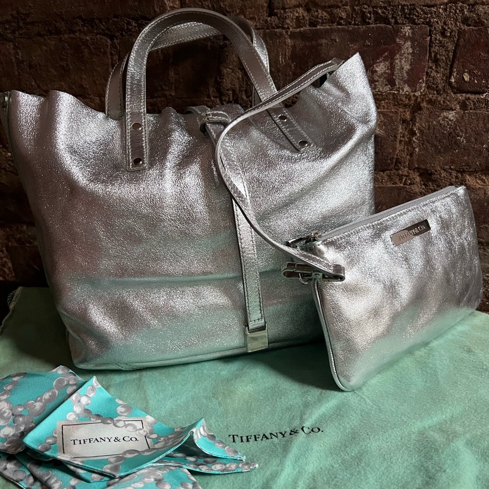 Tiffany & Co soft suede metallic bag w/duster, silk tie and attached coin purse